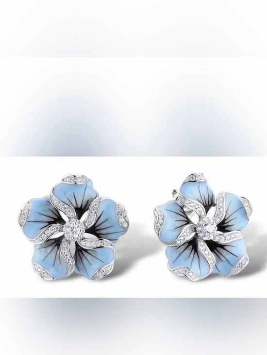 Jewelry - NEW 925 Silver Plated Blue Flower Stud Statement Earrings, Crystal Cubic Zircon